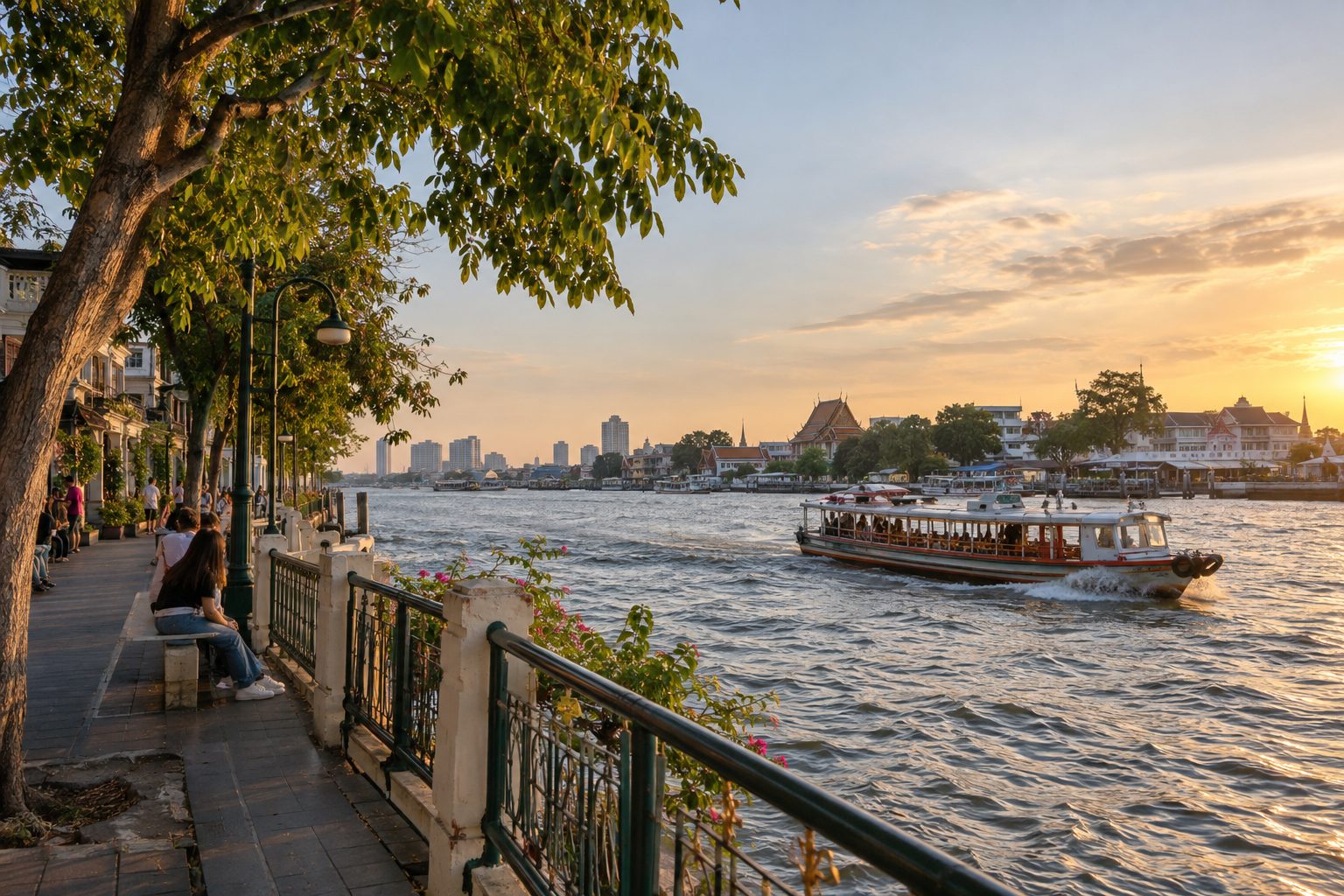 Illustrativt stemningsbillede af en flodbåd på Chao Phraya ved solnedgang